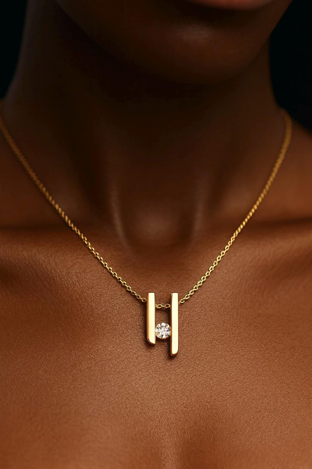 Modern Floating Diamond Bar Pendant Necklace