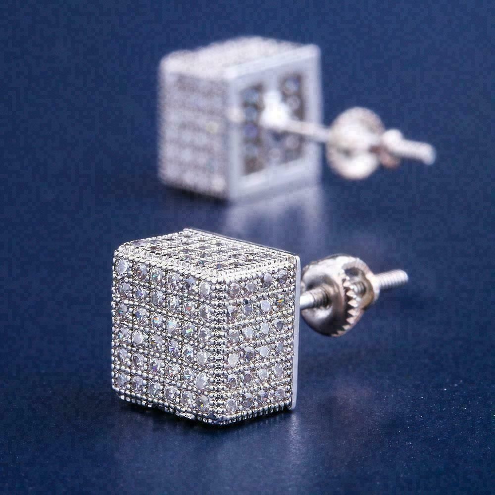 Iced-Out 3D Cube Stud Earrings