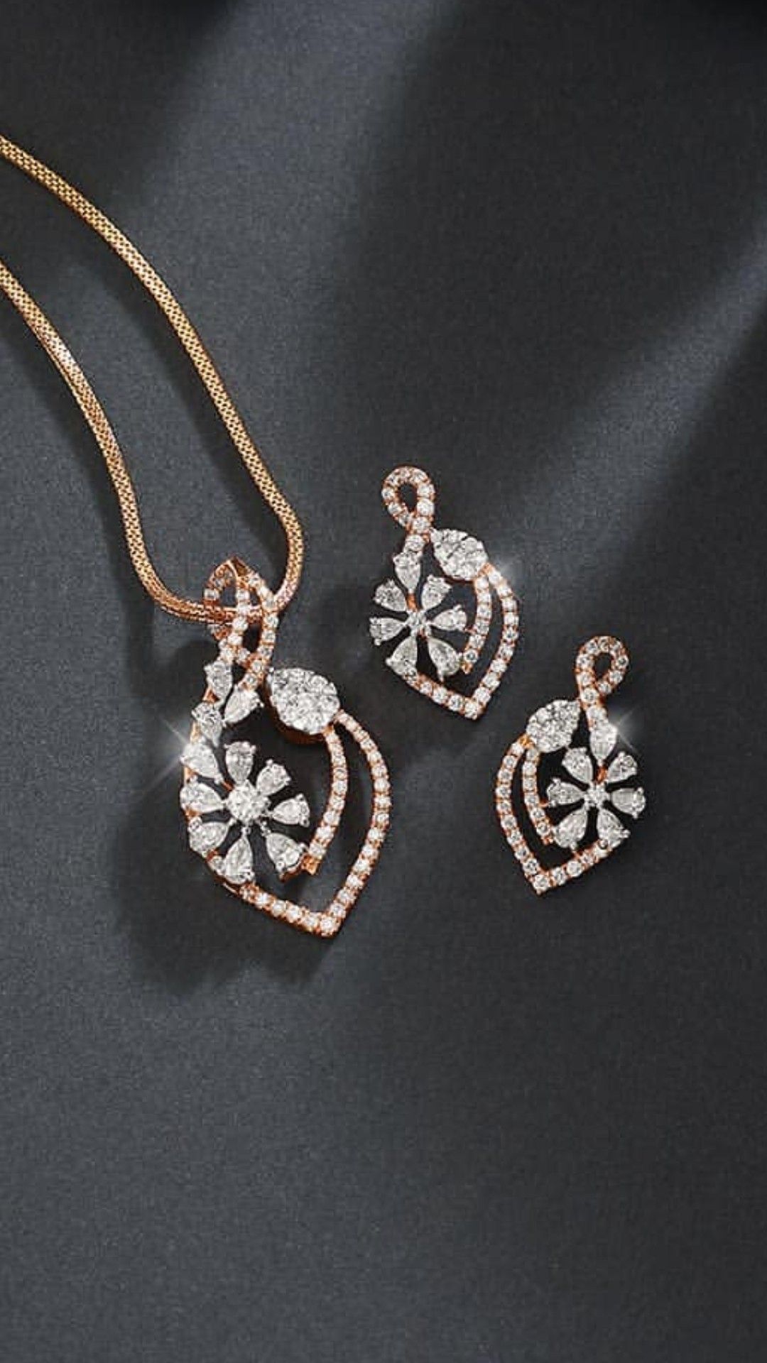 Elegant Floral Diamond Pendant & Earring Set in Rose Gold
