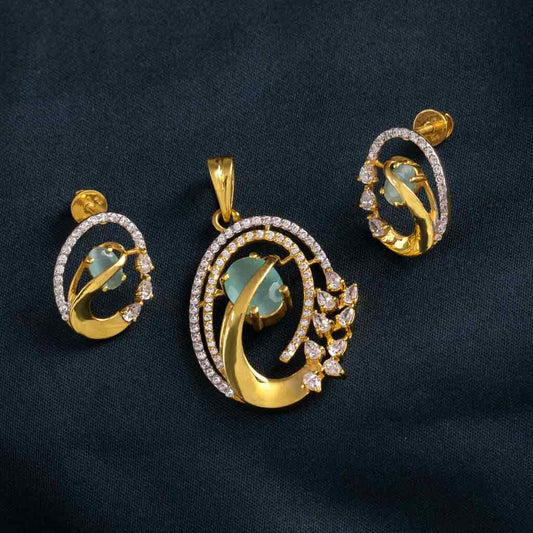 Elegant Seafoam Green Gemstone & Zircon Gold Pendant Set