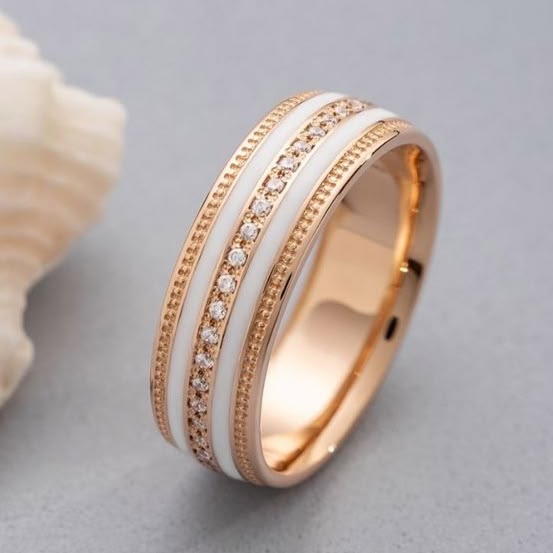 ## Rose Gold White Enamel & Diamond Accent Band Ring