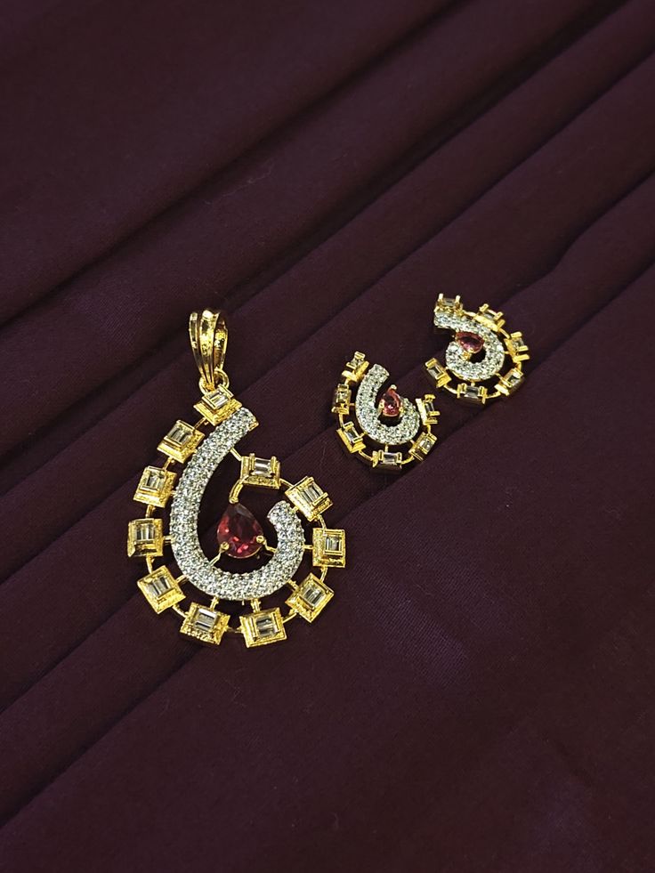 Elegant Ruby & Cubic Zirconia Swirl Pendant Set
