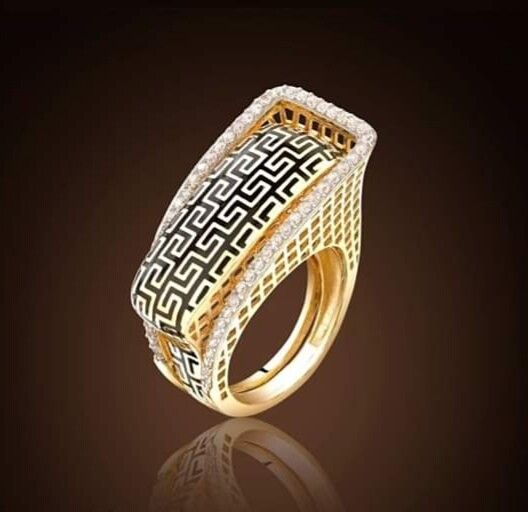 Greek Key Statement Ring – 18K Yellow Gold & Black Enamel with Diamonds