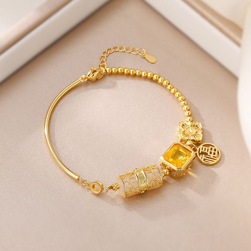 🌟 Elegant 18K Gold-Plated Citrine & Jade Charm Bracelet