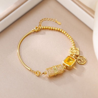 🌟 Elegant 18K Gold-Plated Citrine & Jade Charm Bracelet