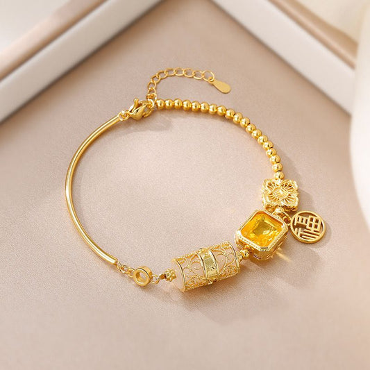 🌟 Elegant 18K Gold-Plated Citrine & Jade Charm Bracelet