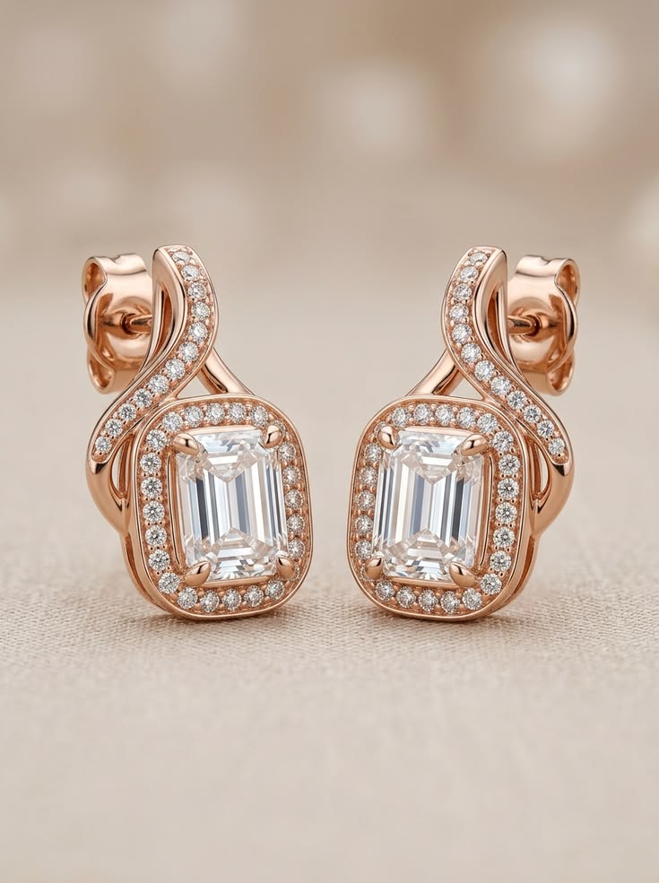Elegant Rose Gold Emerald-Cut Halo Stud Earrings
