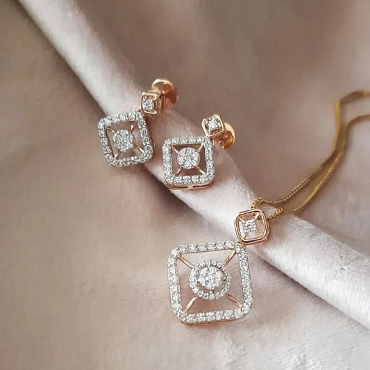 Elegant Rose Gold Diamond Pendant & Earring Set