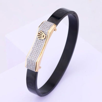 Men's Black Stainless Steel Bracelet with Crown Motif & Pave Stones