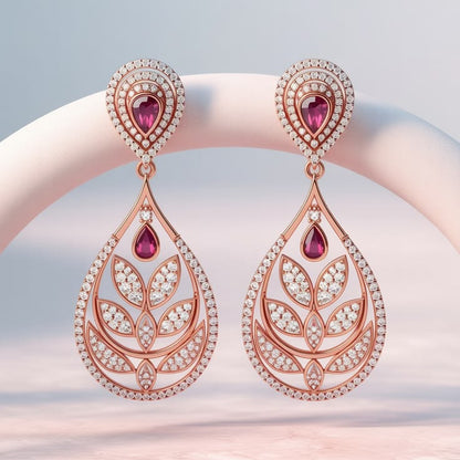 Elegant Rose Gold Tear-Drop Ruby Earrings