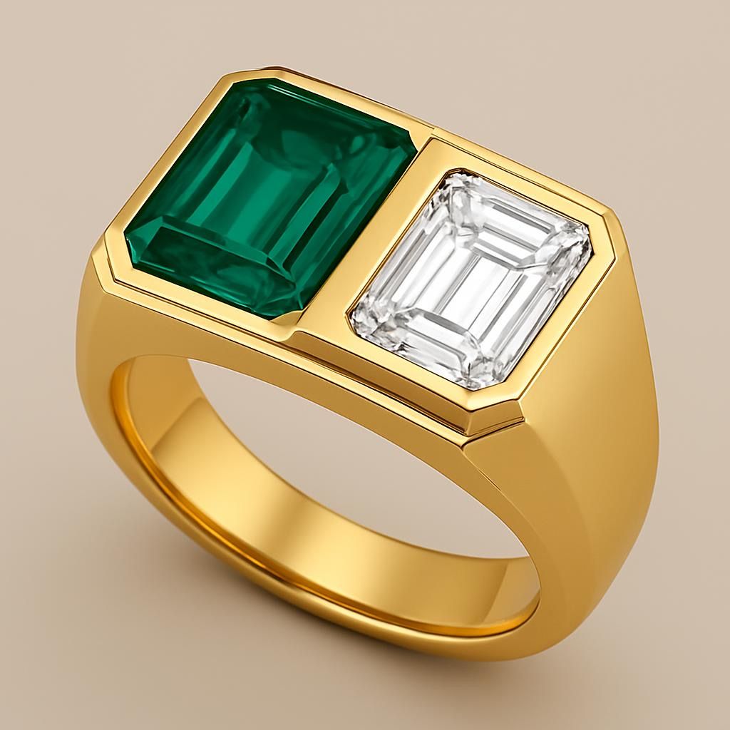Toi et Moi Emerald & Diamond Gold Signet Ring