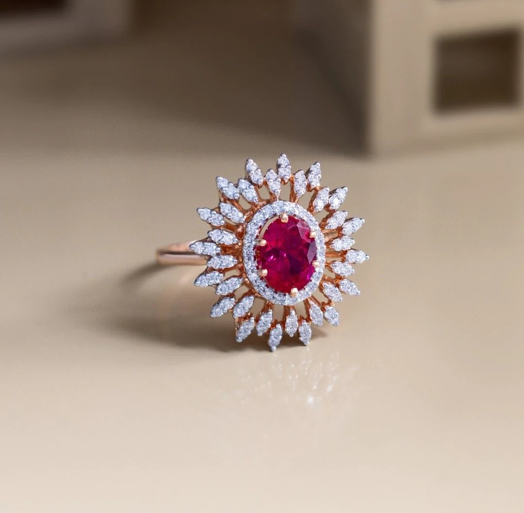 Exquisite Sunburst Oval Ruby & Diamond Halo Statement Ring