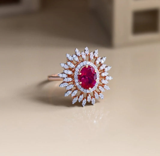 Exquisite Sunburst Oval Ruby & Diamond Halo Statement Ring