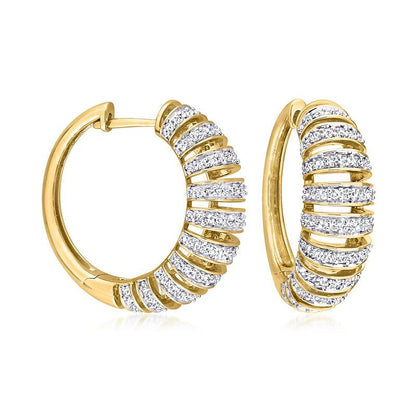 Two-Tone Ribbed C-Hoop Earrings with Diamond Accents