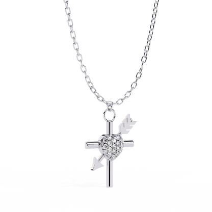 Silver Cross & Pavé Heart Arrow Necklace