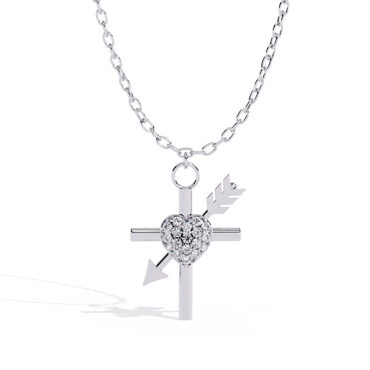 Silver Cross & Pavé Heart Arrow Necklace