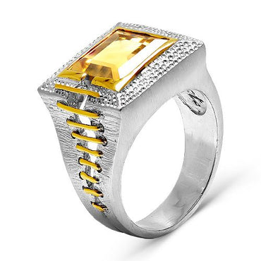 Men’s Emerald-Cut Citrine "Stitched" Two-Tone Statement Ring