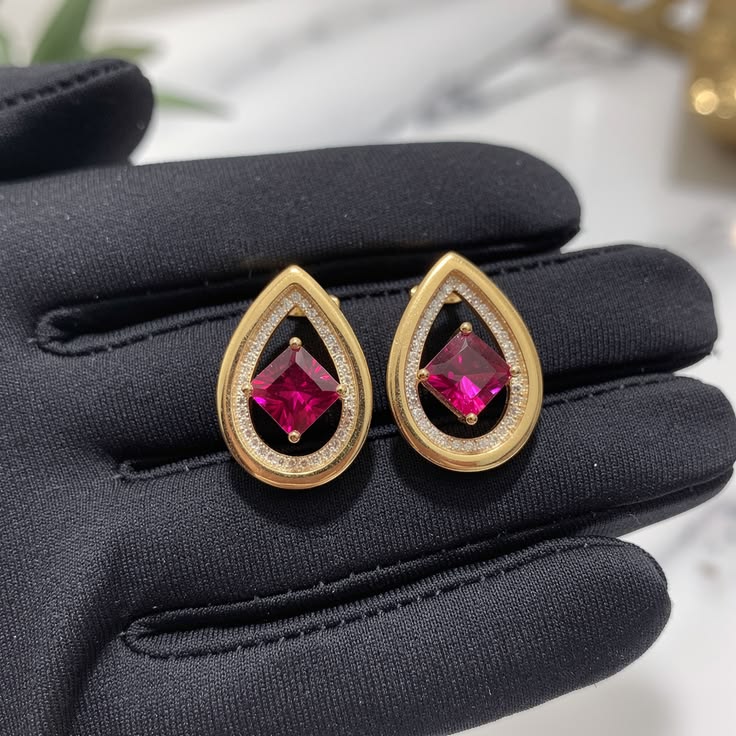 Stunning Rose Gold Teardrop Earrings with Vibrant Magenta Centerpiece