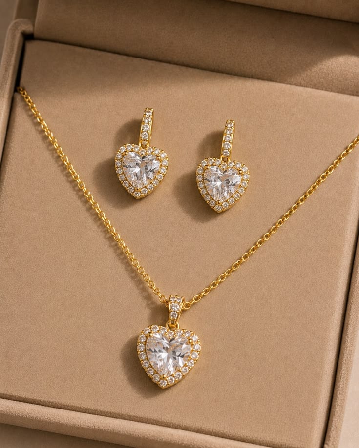 Sparkling Heart Pendant Necklace & Matching Halo Earrings Set for Women