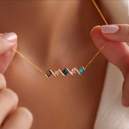 Multi-Color Square Gemstone Geometric Bar Necklace