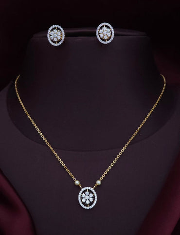 Elegant Floral CZ Oval Necklace & Matching Earring Set