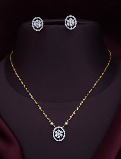 Elegant Floral CZ Oval Necklace & Matching Earring Set
