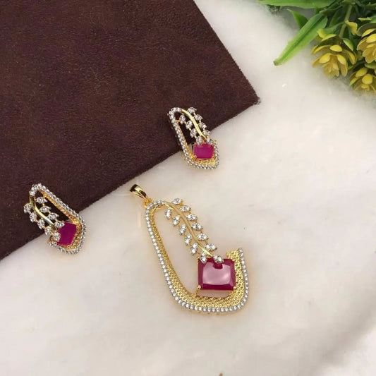 Elegant Ruby & Cubic Zirconia Pendant & Earring Set