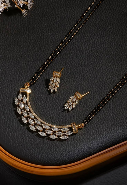 Gold-Plated CZ Marquise Crescent Mangalsutra Set with Matching Earrings