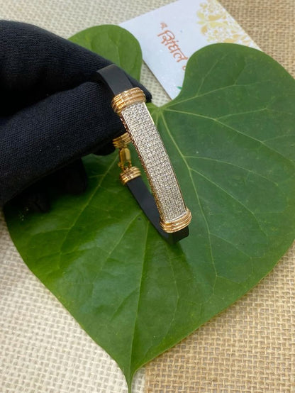 💎 Elegant Diamond & Gold-Accented Black Strap Bracelet