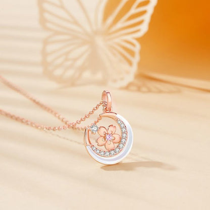 Rose Gold Sakura Crescent Moon Necklace