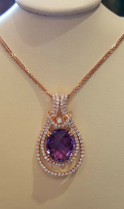 Stunning Rose Gold Amethyst & Diamond Pendant Necklace