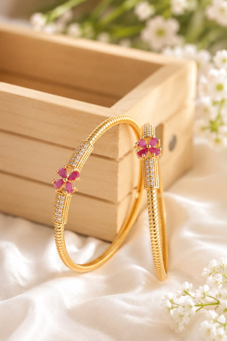 Exquisite Floral Ruby & Diamond-Accent Gold Bangles