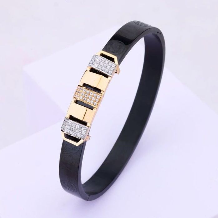🌟 Modern Black & Gold Dual-Tone Pave Bangle Bracelet