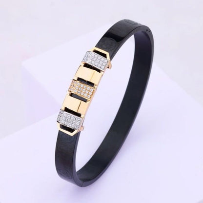 🌟 Modern Black & Gold Dual-Tone Pave Bangle Bracelet