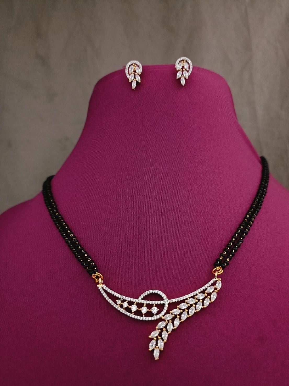 💎 Elegant Cubic Zirconia Curved Pendant Mangalsutra Set with Matching Earrings