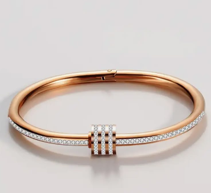 Elegant Rose Gold Pavé & Triple-Band Spacer Bangle Bracelet