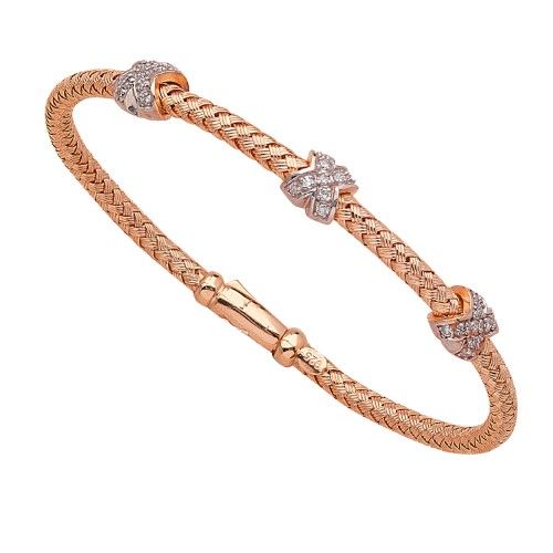 Rose Gold 925 Sterling Silver Woven Mesh Bangle with Diamond Accent 'X' Stations