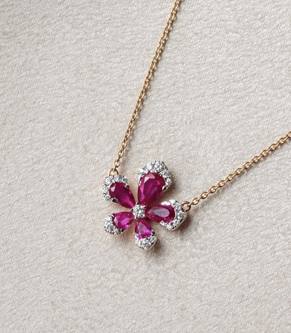 🌸 Elegant Ruby & Diamond Flower Pendant Necklace