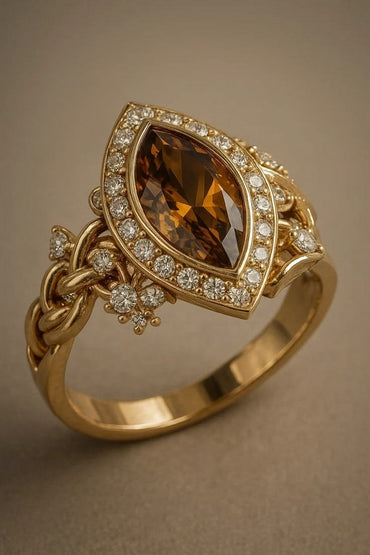 Vintage-Inspired Marquise Amber Topaz & Diamond Braided Ring