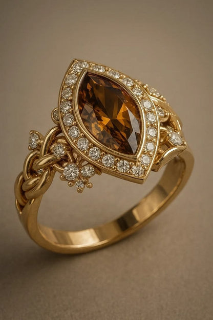 Vintage-Inspired Marquise Amber Topaz & Diamond Braided Ring