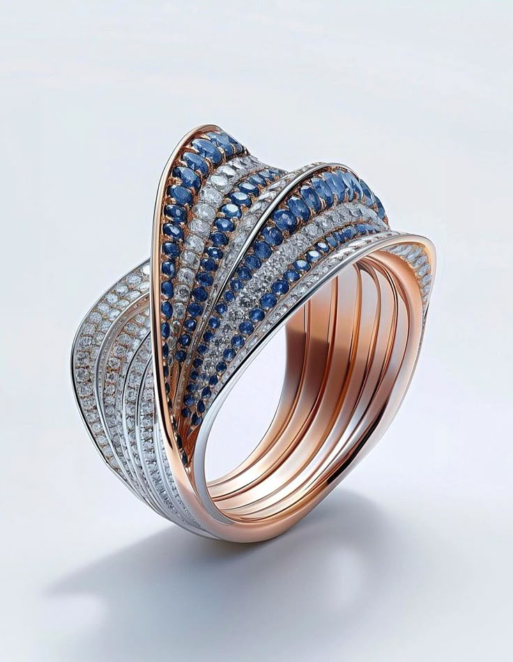 Exquisite Sculptural Two-Tone Diamond & Sapphire Wave Ring