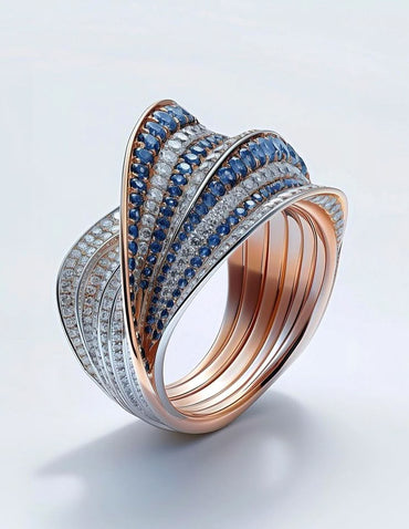 Exquisite Sculptural Two-Tone Diamond & Sapphire Wave Ring
