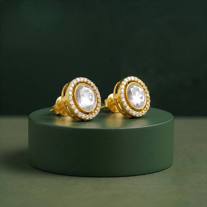 Elegant Gold Halo Stud Earrings with Round Clear Crystal