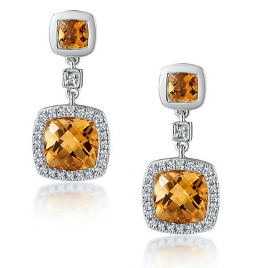 Elegant Cushion-Cut Citrine & Diamond Halo Drop Earrings