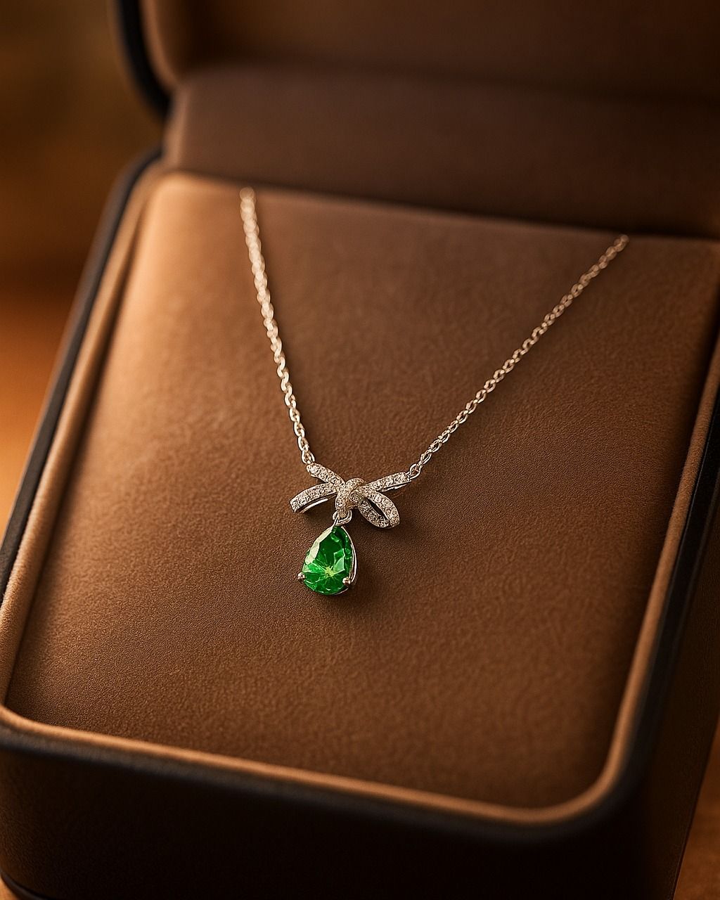Elegant Pear-Cut Emerald Ribbon Necklace