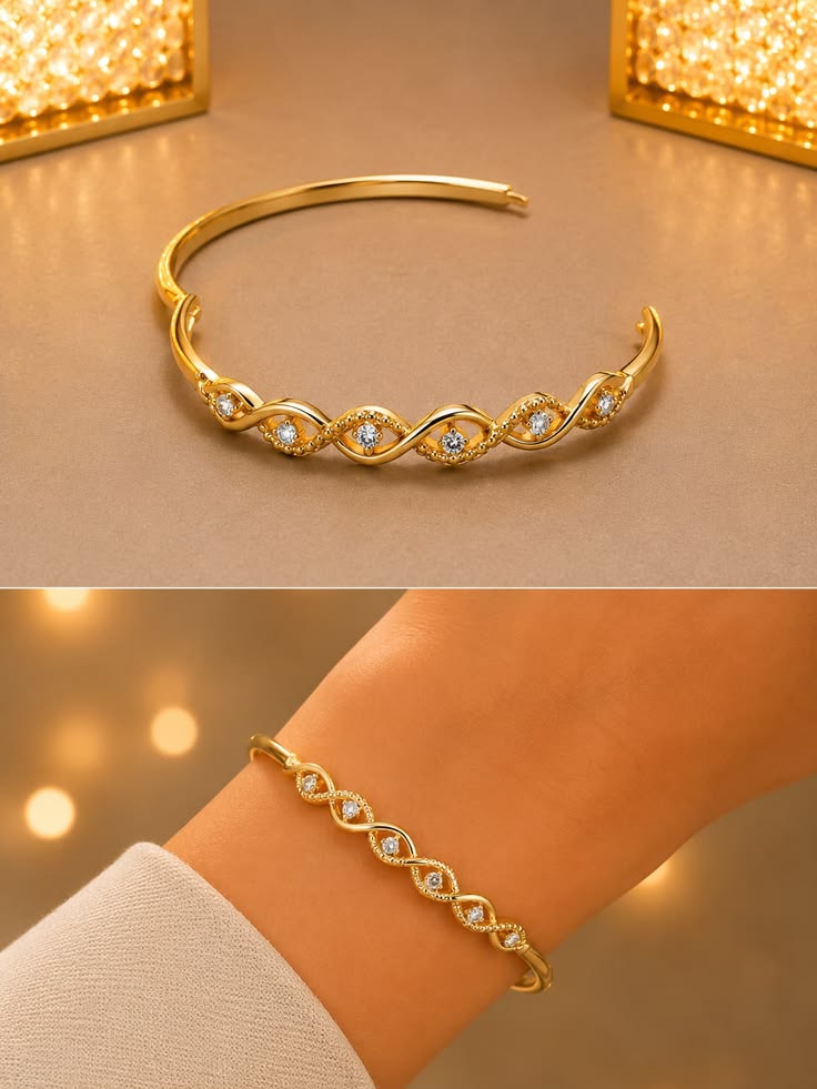 Elegant Gold-Plated Intertwined Twisted Gemstone Cuff Bangle