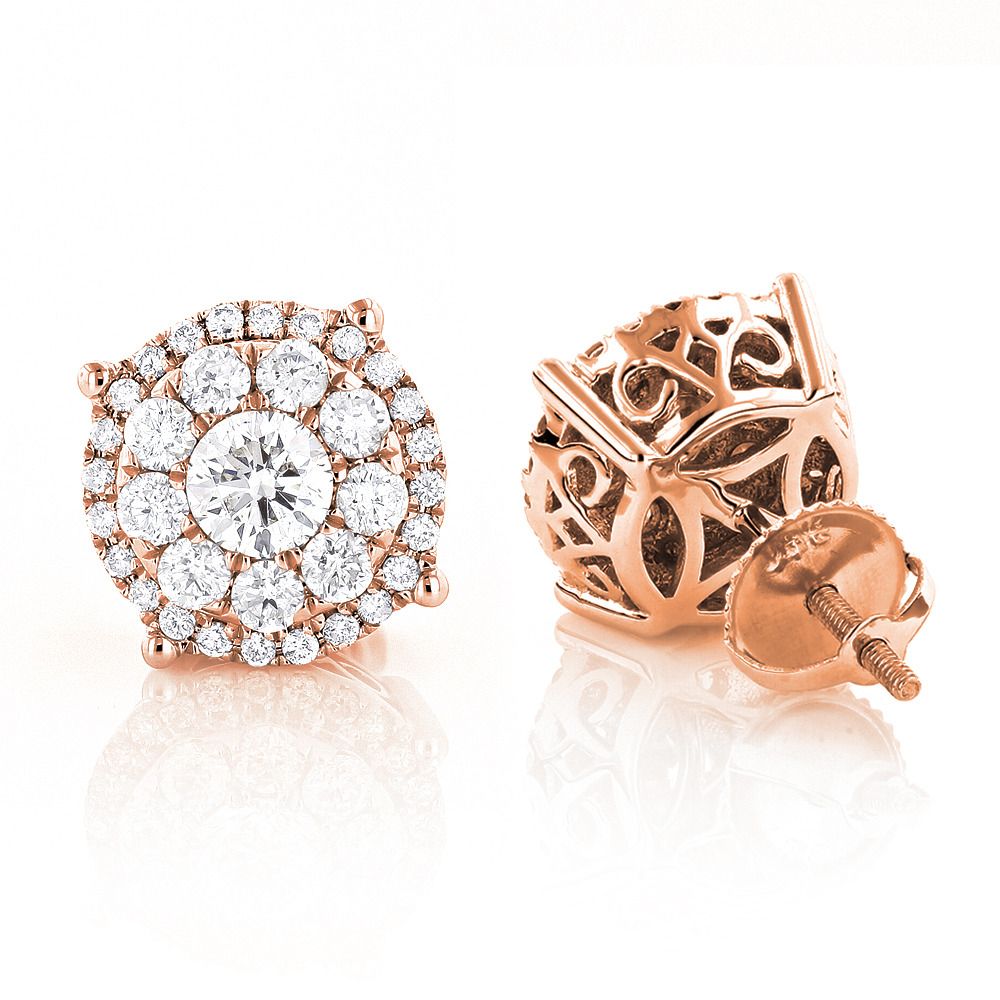 Round Diamond Halo Cluster Stud Earrings