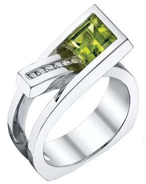 Modern Architectural Peridot & Diamond Accent Statement Ring