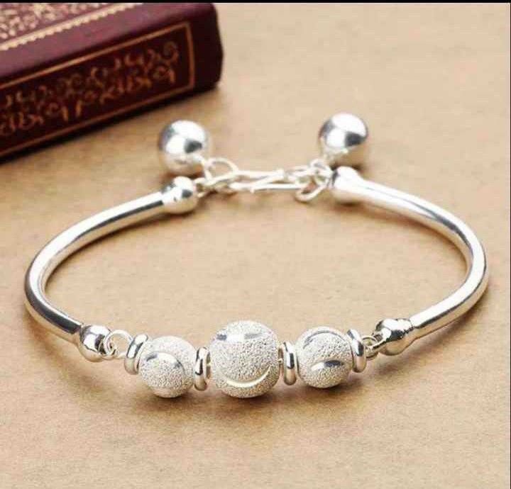 Elegant Silver Textured Bead Charm Bracelet / Anklet with Jingle Bells