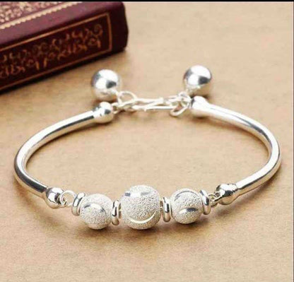 Elegant Silver Textured Bead Charm Bracelet / Anklet with Jingle Bells